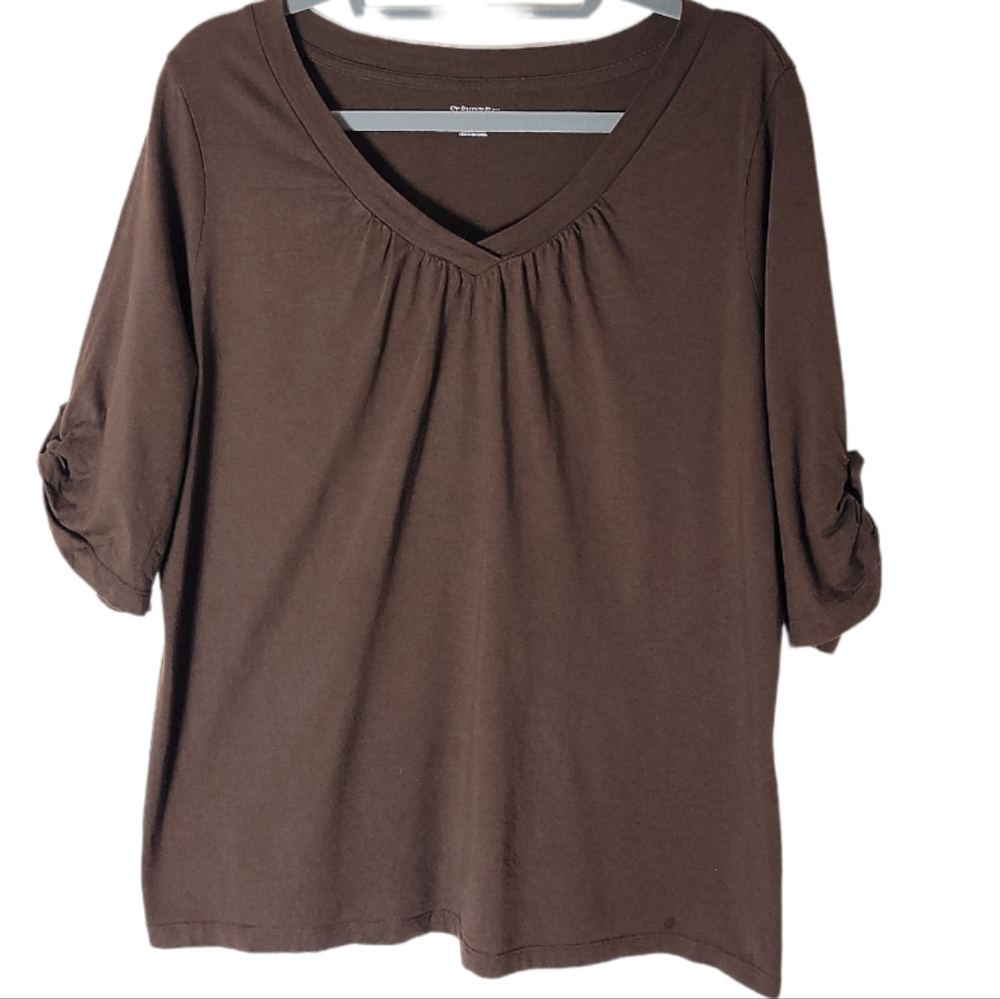 St John’s Bay brown pkeated v neck top 3/4 sleeve women's plus size 1X